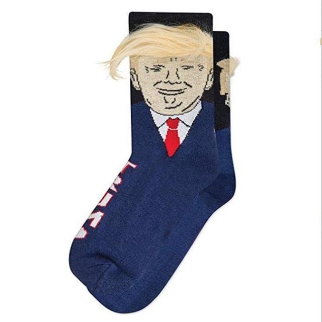 Election Spoof Funny President Donald Trump Socks With 3D Fake Hair Funny Crew Socks Unisex Compression Socks Streetwear Hip Hop Style Socks For Men And Women Stevvex