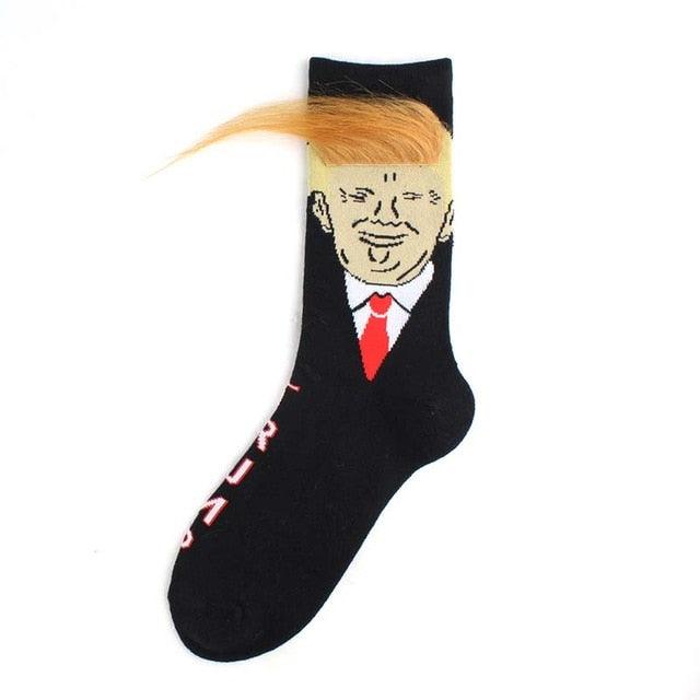 Election Spoof Funny President Donald Trump Socks With 3D Fake Hair Funny Crew Socks Unisex Compression Socks Streetwear Hip Hop Style Socks For Men And Women Stevvex