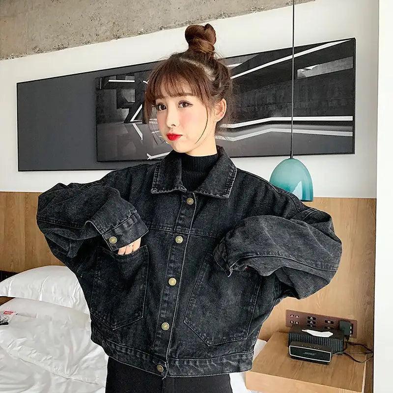 Elegance Black Denim Short Jackets For Women Loose Single Breasted Button Pockets Stylish Chic Retro Casual Streetwear For Women Stevvex
