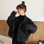 Elegance Black Denim Short Jackets For Women Loose Single Breasted Button Pockets Stylish Chic Retro Casual Streetwear For Women Stevvex