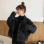 Elegance Black Denim Short Jackets For Women Loose Single Breasted Button Pockets Stylish Chic Retro Casual Streetwear For Women Stevvex
