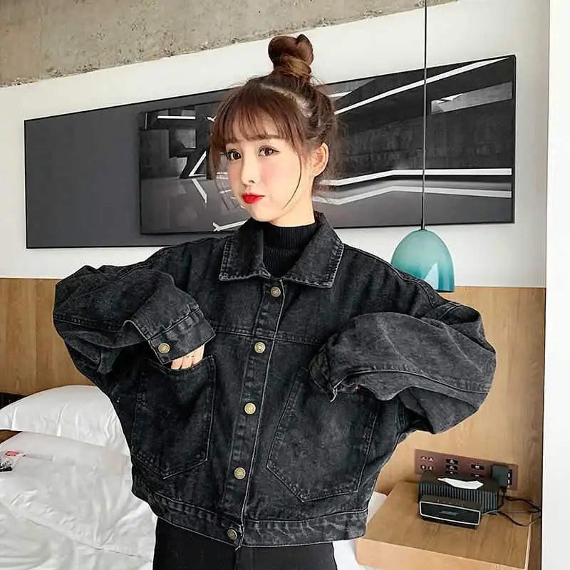 Elegance Black Denim Short Jackets For Women Loose Single Breasted Button Pockets Stylish Chic Retro Casual Streetwear For Women Stevvex