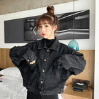 Elegance Black Denim Short Jackets For Women Loose Single Breasted Button Pockets Stylish Chic Retro Casual Streetwear For Women Stevvex