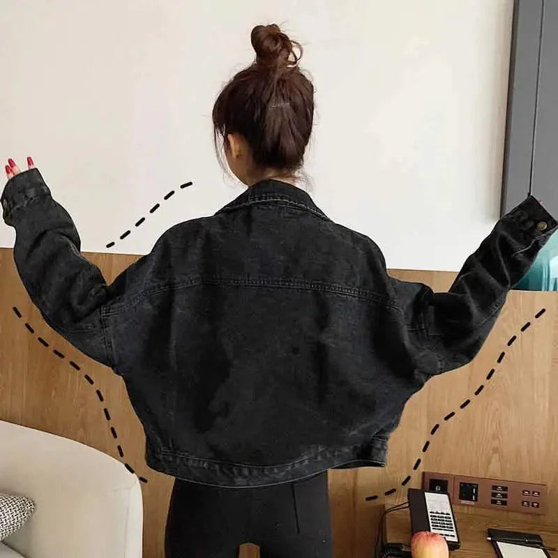 Elegance Black Denim Short Jackets For Women Loose Single Breasted Button Pockets Stylish Chic Retro Casual Streetwear For Women Stevvex