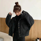 Elegance Black Denim Short Jackets For Women Loose Single Breasted Button Pockets Stylish Chic Retro Casual Streetwear For Women Stevvex