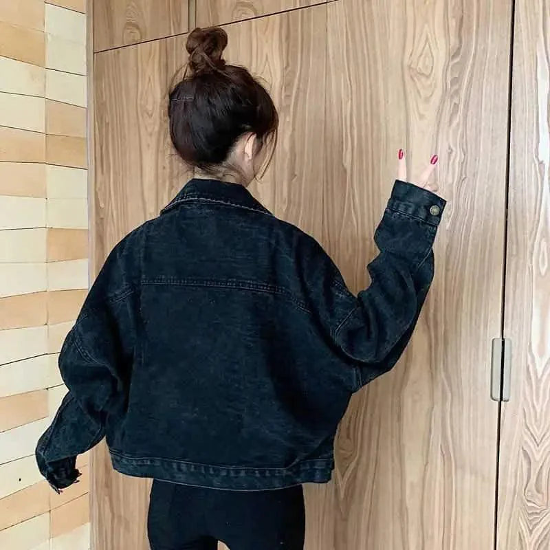 Elegance Black Denim Short Jackets For Women Loose Single Breasted Button Pockets Stylish Chic Retro Casual Streetwear For Women Stevvex