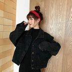 Elegance Black Denim Short Jackets For Women Loose Single Breasted Button Pockets Stylish Chic Retro Casual Streetwear For Women Stevvex