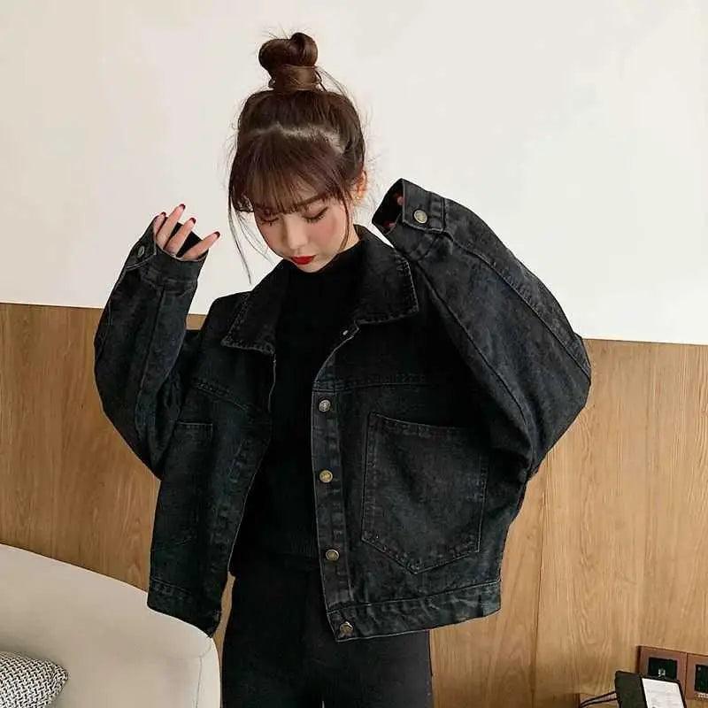 Elegance Black Denim Short Jackets For Women Loose Single Breasted Button Pockets Stylish Chic Retro Casual Streetwear For Women Stevvex
