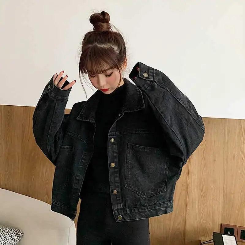 Elegance Black Denim Short Jackets For Women Loose Single Breasted Button Pockets Stylish Chic Retro Casual Streetwear For Women Stevvex