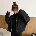 Elegance Black Denim Short Jackets For Women Loose Single Breasted Button Pockets Stylish Chic Retro Casual Streetwear For Women Stevvex