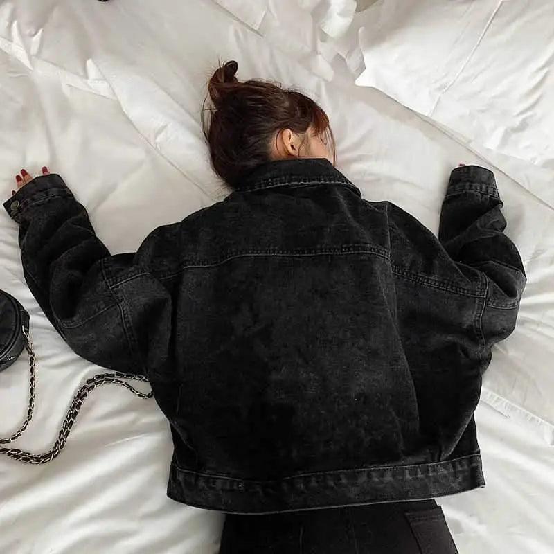 Elegance Black Denim Short Jackets For Women Loose Single Breasted Button Pockets Stylish Chic Retro Casual Streetwear For Women Stevvex