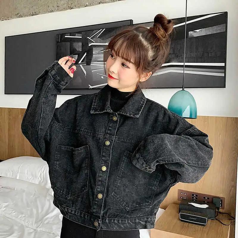 Elegance Black Denim Short Jackets For Women Loose Single Breasted Button Pockets Stylish Chic Retro Casual Streetwear For Women Stevvex