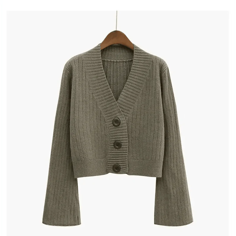 Elegance Cardigan Autumn Long Flare Sleeve Short Sweater Women Ribbed Knitted Cotton Tops Black White Ladies Soft Outwear Female Stevvex