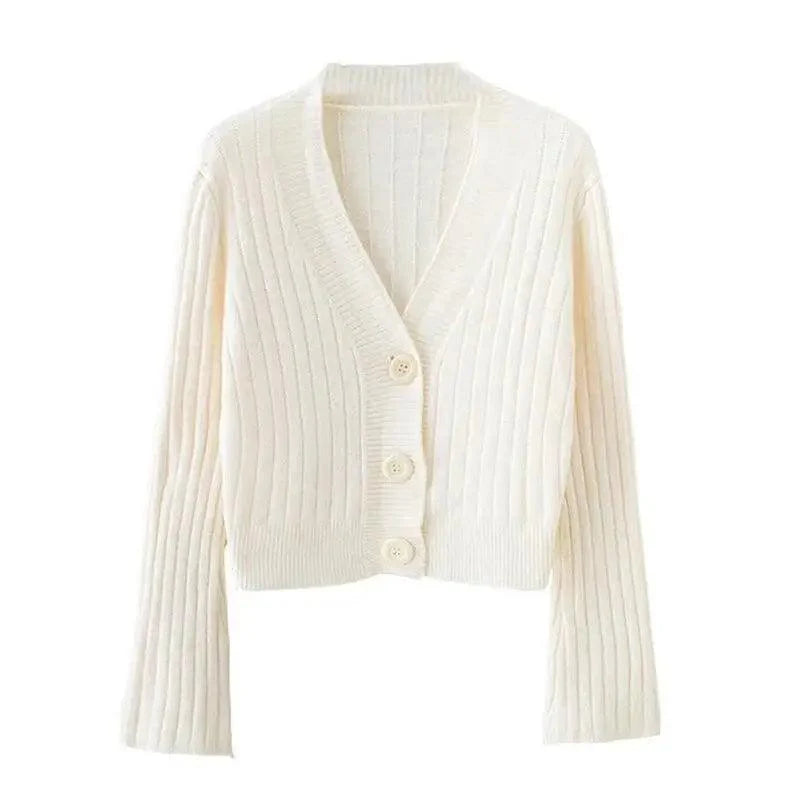 Elegance Cardigan Autumn Long Flare Sleeve Short Sweater Women Ribbed Knitted Cotton Tops Black White Ladies Soft Outwear Female Stevvex