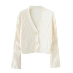 Elegance Cardigan Autumn Long Flare Sleeve Short Sweater Women Ribbed Knitted Cotton Tops Black White Ladies Soft Outwear Female Stevvex