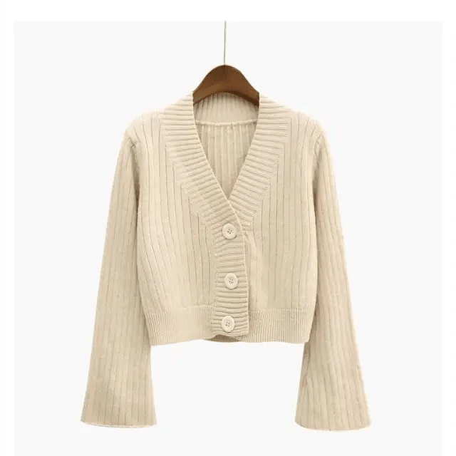 Elegance Cardigan Autumn Long Flare Sleeve Short Sweater Women Ribbed Knitted Cotton Tops Black White Ladies Soft Outwear Female Stevvex