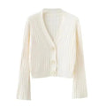 Elegance Cardigan Autumn Long Flare Sleeve Short Sweater Women Ribbed Knitted Cotton Tops Black White Ladies Soft Outwear Female Stevvex