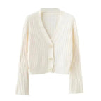 Elegance Cardigan Autumn Long Flare Sleeve Short Sweater Women Ribbed Knitted Cotton Tops Black White Ladies Soft Outwear Female Stevvex