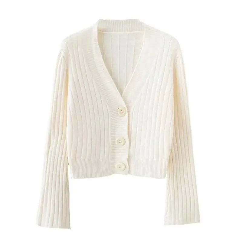Elegance Cardigan Autumn Long Flare Sleeve Short Sweater Women Ribbed Knitted Cotton Tops Black White Ladies Soft Outwear Female Stevvex