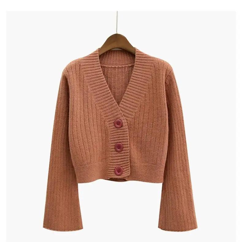 Elegance Cardigan Autumn Long Flare Sleeve Short Sweater Women Ribbed Knitted Cotton Tops Black White Ladies Soft Outwear Female Stevvex