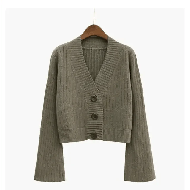 Elegance Cardigan Autumn Long Flare Sleeve Short Sweater Women Ribbed Knitted Cotton Tops Black White Ladies Soft Outwear Female Stevvex