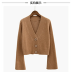 Elegance Cardigan Autumn Long Flare Sleeve Short Sweater Women Ribbed Knitted Cotton Tops Black White Ladies Soft Outwear Female Stevvex