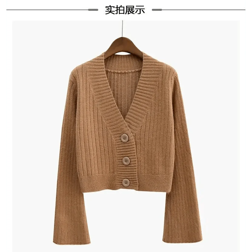 Elegance Cardigan Autumn Long Flare Sleeve Short Sweater Women Ribbed Knitted Cotton Tops Black White Ladies Soft Outwear Female Stevvex