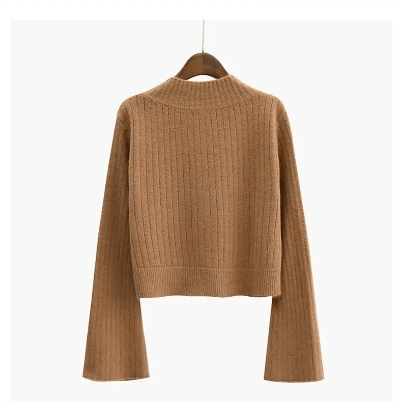 Elegance Cardigan Autumn Long Flare Sleeve Short Sweater Women Ribbed Knitted Cotton Tops Black White Ladies Soft Outwear Female Stevvex