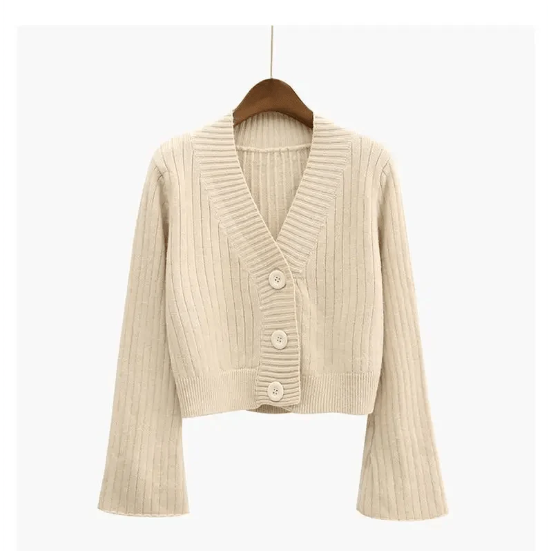 Elegance Cardigan Autumn Long Flare Sleeve Short Sweater Women Ribbed Knitted Cotton Tops Black White Ladies Soft Outwear Female Stevvex
