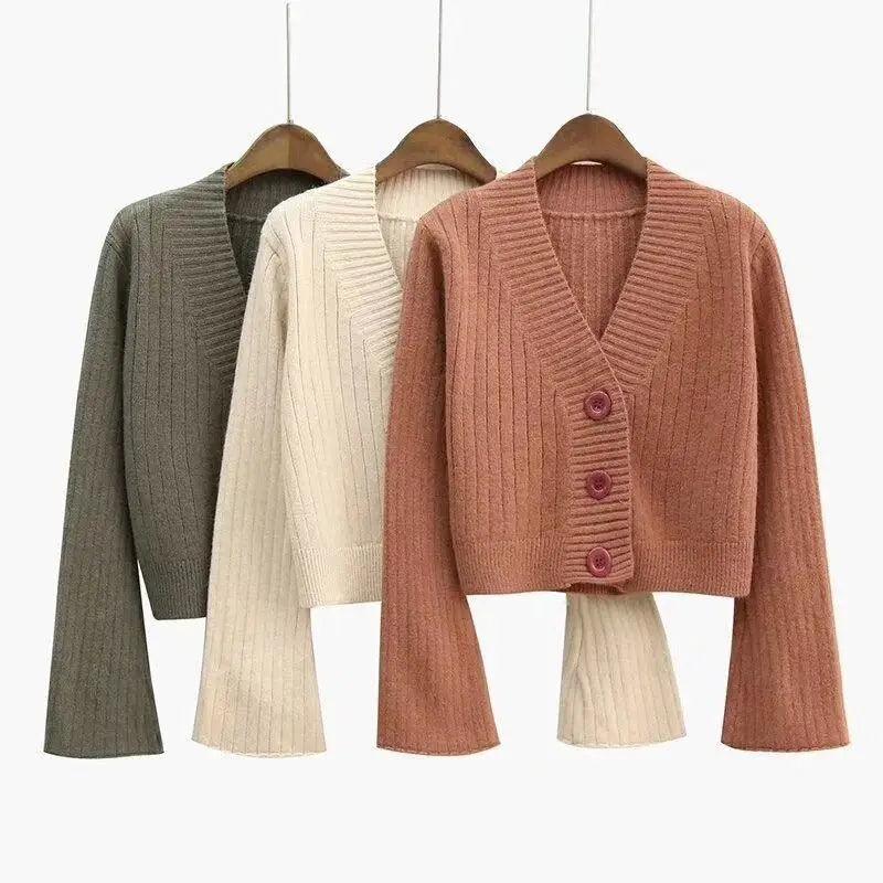 Elegance Cardigan Autumn Long Flare Sleeve Short Sweater Women Ribbed Knitted Cotton Tops Black White Ladies Soft Outwear Female Stevvex