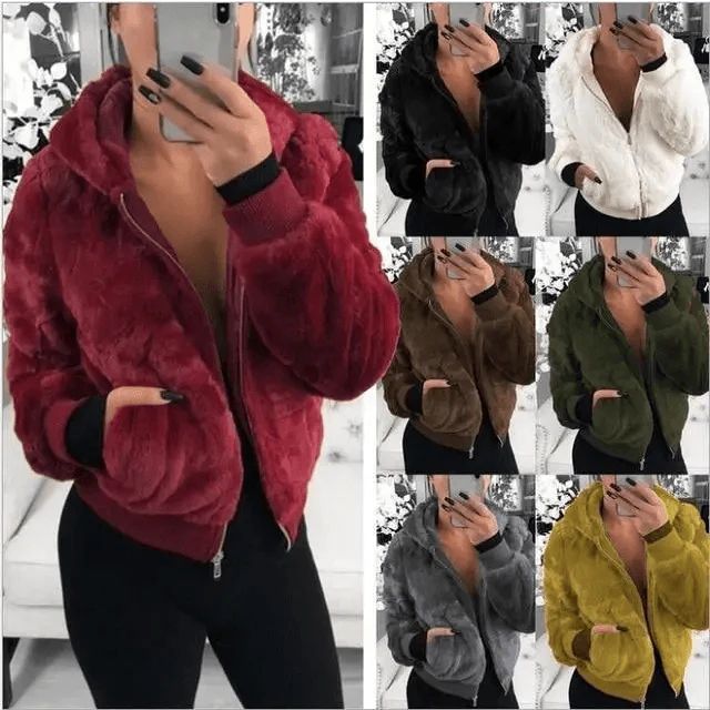 Elegance Faux Fur Women Coat With Hood High Waist Fashion Slim Black /Red /Pink Faux Fur Jacket Fake Rabbit Fur Coats Stevvex