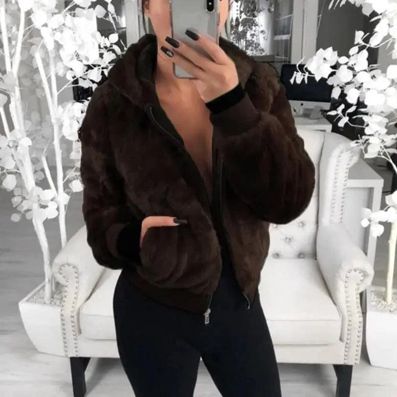 Elegance Faux Fur Women Coat With Hood High Waist Fashion Slim Black /Red /Pink Faux Fur Jacket Fake Rabbit Fur Coats Stevvex