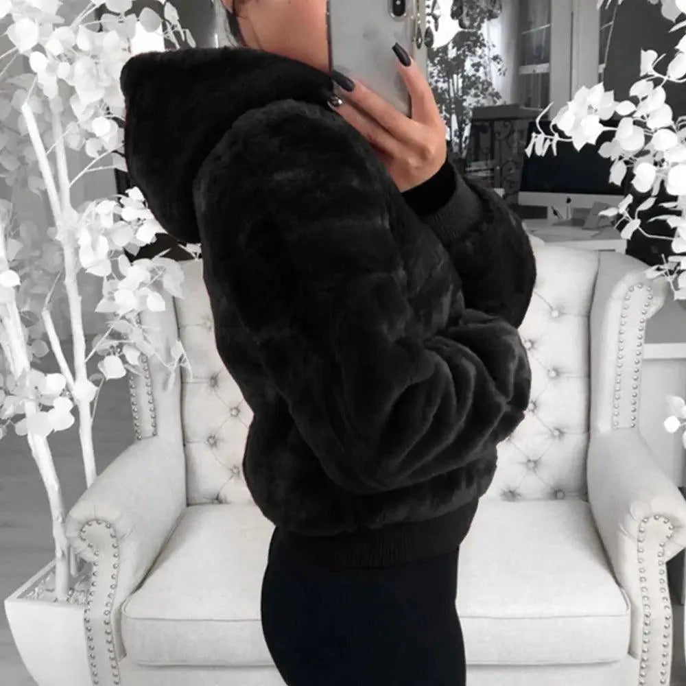 Elegance Faux Fur Women Coat With Hood High Waist Fashion Slim Black /Red /Pink Faux Fur Jacket Fake Rabbit Fur Coats Stevvex