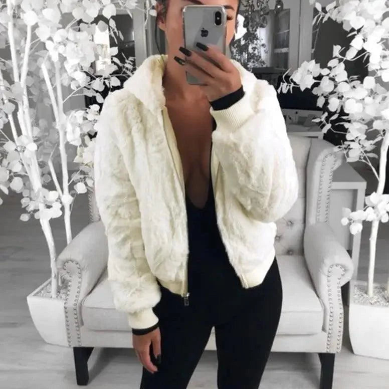 Elegance Faux Fur Women Coat With Hood High Waist Fashion Slim Black /Red /Pink Faux Fur Jacket Fake Rabbit Fur Coats Stevvex
