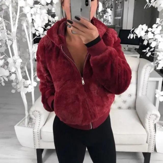 Elegance Faux Fur Women Coat With Hood High Waist Fashion Slim Black /Red /Pink Faux Fur Jacket Fake Rabbit Fur Coats Stevvex