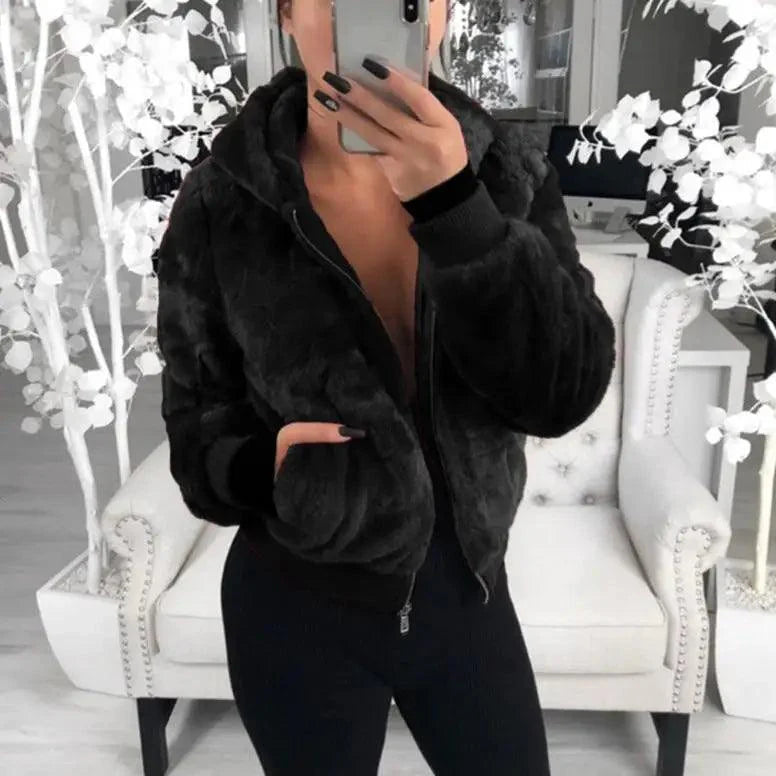 Elegance Faux Fur Women Coat With Hood High Waist Fashion Slim Black /Red /Pink Faux Fur Jacket Fake Rabbit Fur Coats Stevvex