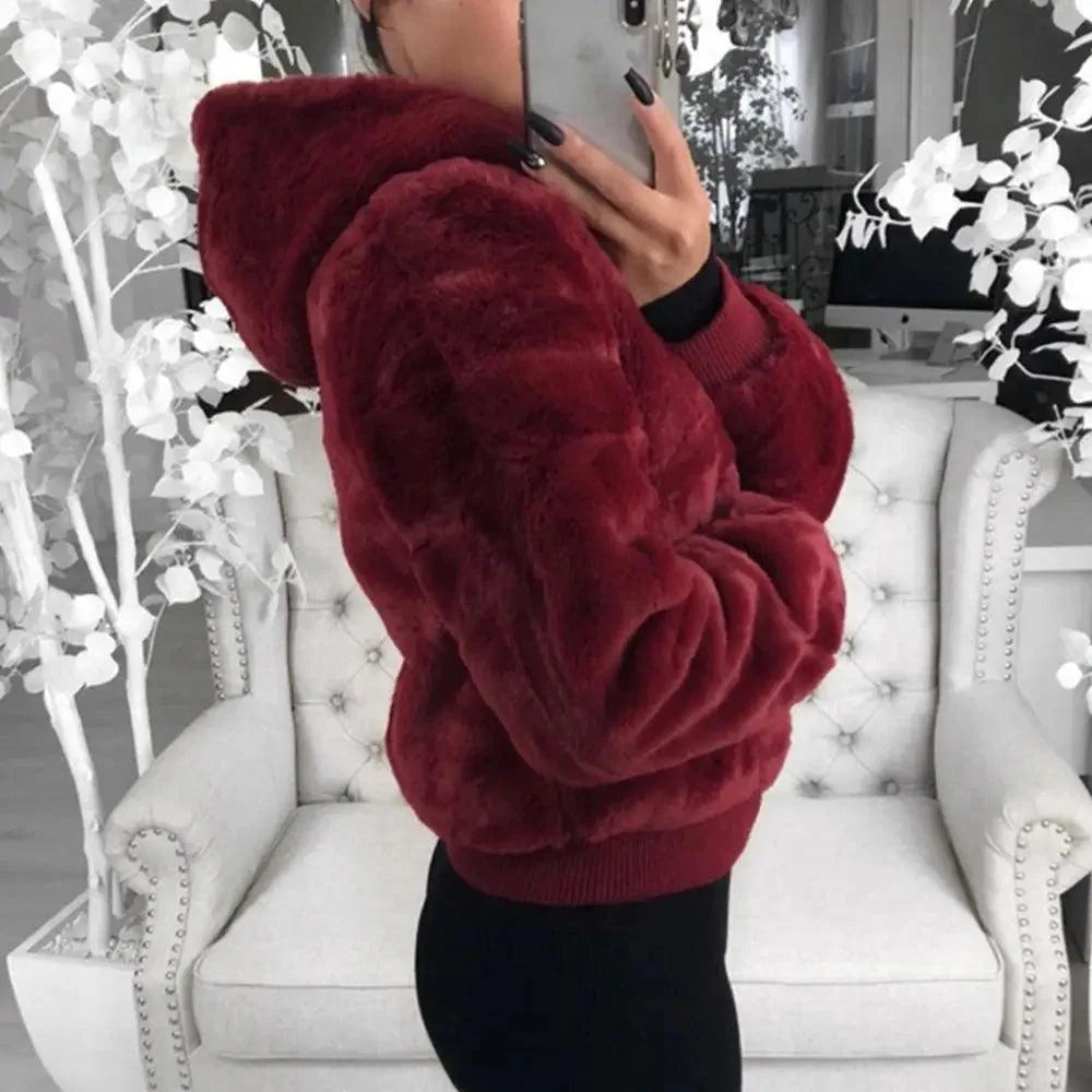 Elegance Faux Fur Women Coat With Hood High Waist Fashion Slim Black /Red /Pink Faux Fur Jacket Fake Rabbit Fur Coats Stevvex