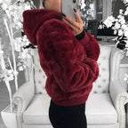 Elegance Faux Fur Women Coat With Hood High Waist Fashion Slim Black /Red /Pink Faux Fur Jacket Fake Rabbit Fur Coats Stevvex