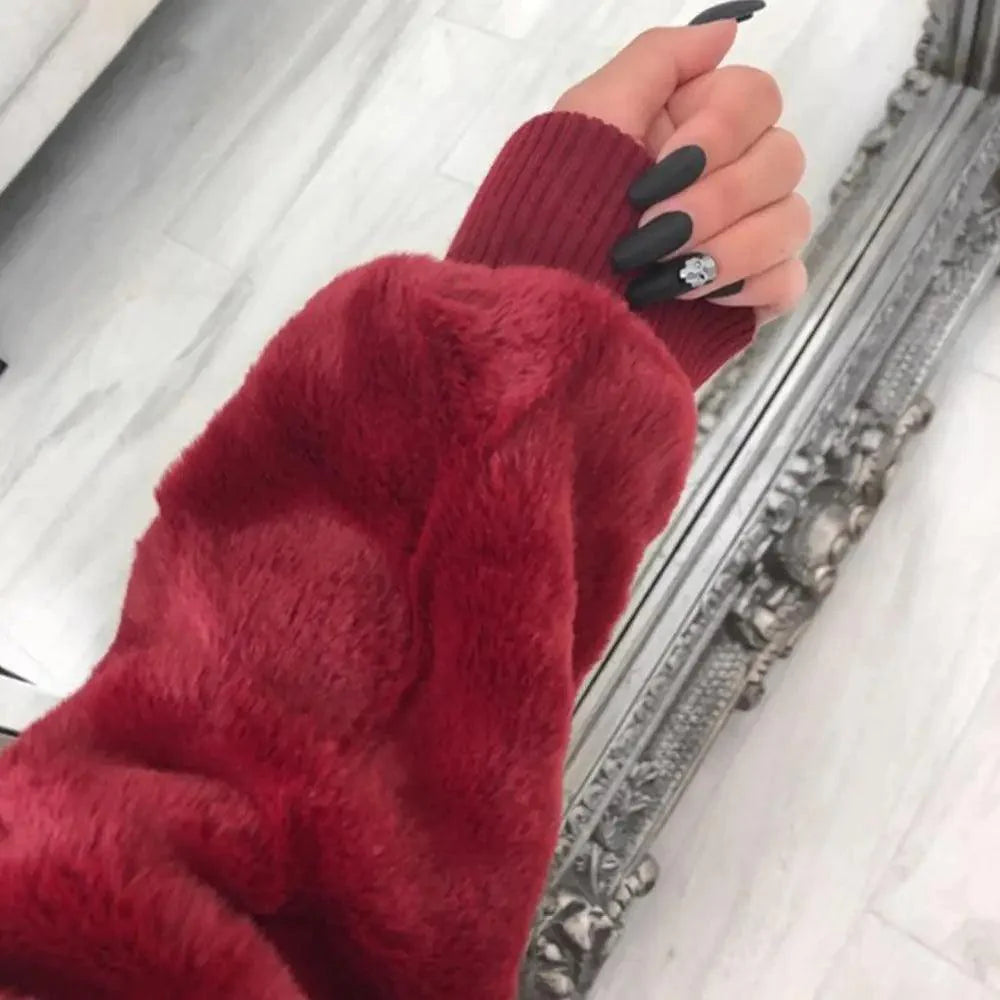 Elegance Faux Fur Women Coat With Hood High Waist Fashion Slim Black /Red /Pink Faux Fur Jacket Fake Rabbit Fur Coats Stevvex