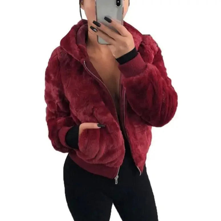 Elegance Faux Fur Women Coat With Hood High Waist Fashion Slim Black /Red /Pink Faux Fur Jacket Fake Rabbit Fur Coats Stevvex