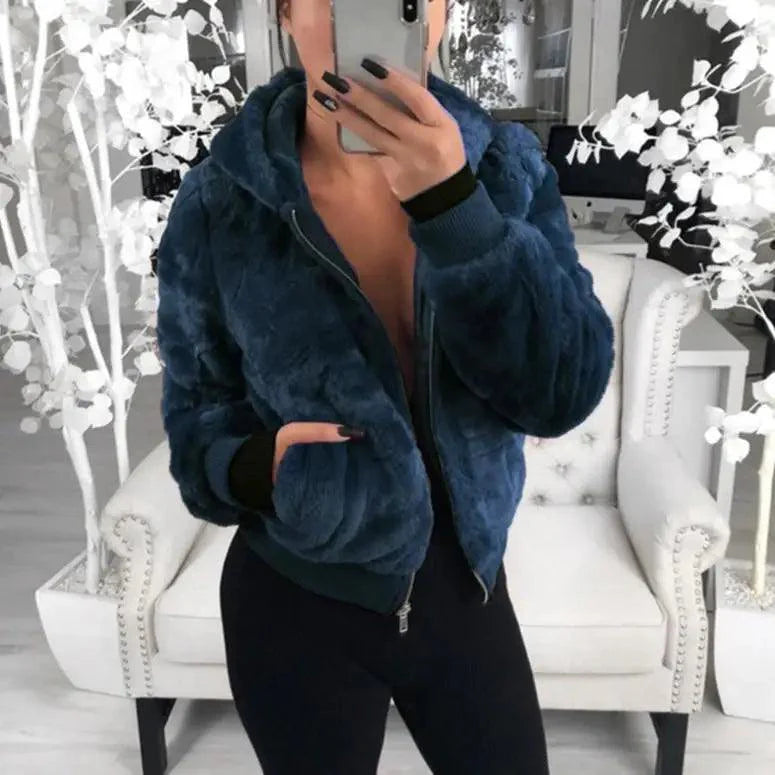 Elegance Faux Fur Women Coat With Hood High Waist Fashion Slim Black /Red /Pink Faux Fur Jacket Fake Rabbit Fur Coats Stevvex