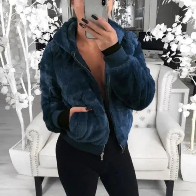 Elegance Faux Fur Women Coat With Hood High Waist Fashion Slim Black /Red /Pink Faux Fur Jacket Fake Rabbit Fur Coats Stevvex