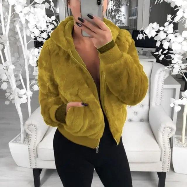 Elegance Faux Fur Women Coat With Hood High Waist Fashion Slim Black /Red /Pink Faux Fur Jacket Fake Rabbit Fur Coats Stevvex