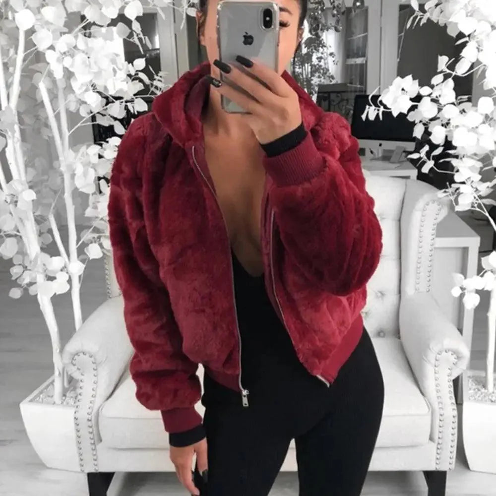 Elegance Faux Fur Women Coat With Hood High Waist Fashion Slim Black /Red /Pink Faux Fur Jacket Fake Rabbit Fur Coats Stevvex