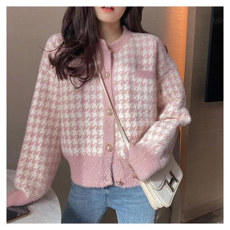 Elegance Short Sweater Cardigan Jacket For Women Modern Imitation Mink Fleece Knitwear Tops Vintage O-neck Knitted Coats Stevvex