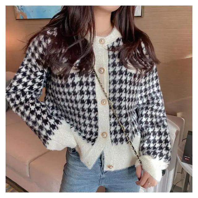 Elegance Short Sweater Cardigan Jacket For Women Modern Imitation Mink Fleece Knitwear Tops Vintage O-neck Knitted Coats Stevvex