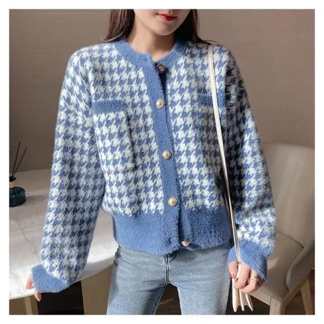 Elegance Short Sweater Cardigan Jacket For Women Modern Imitation Mink Fleece Knitwear Tops Vintage O-neck Knitted Coats Stevvex