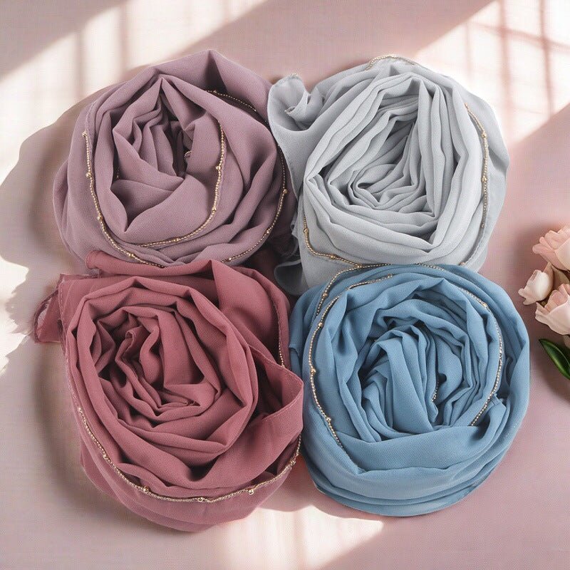Elegance Solid Color Chiffon Hijab with Metallic Chain Trim (MH138)