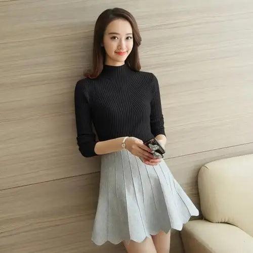 Elegance Solid White and Black Tops,Sweaters Winter Long Sleeve Turtleneck Pullovers Women's Sweaters Female Clothing Stevvex