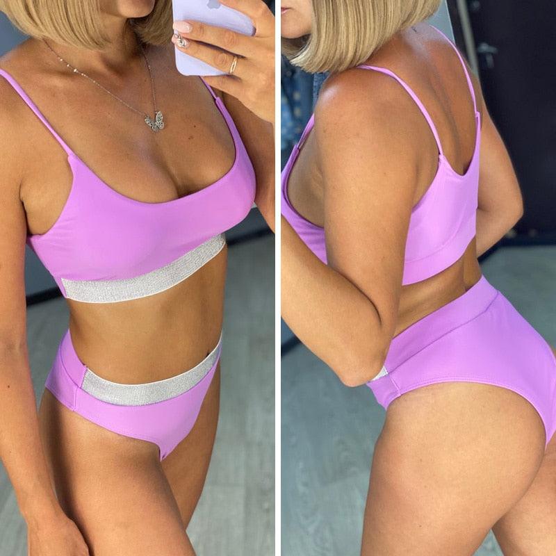 Elegant Black High Waist Swimwear Bikini Women's Swimsuits Push Up Shiny Splicing Bikinis High Cut Bathing Suits Women Bikini Set Push Up High Waist Swimsuit Two Piece Bathing Suit For Girls Stevvex